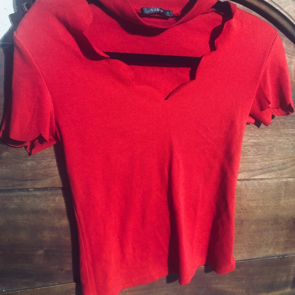Mock neck sweetheart wavy cutout neckline short sleeve red sweater shirt